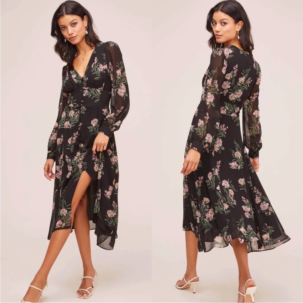 ASTR the label floral midi dress button bodice black long puff sleeve ruched-M